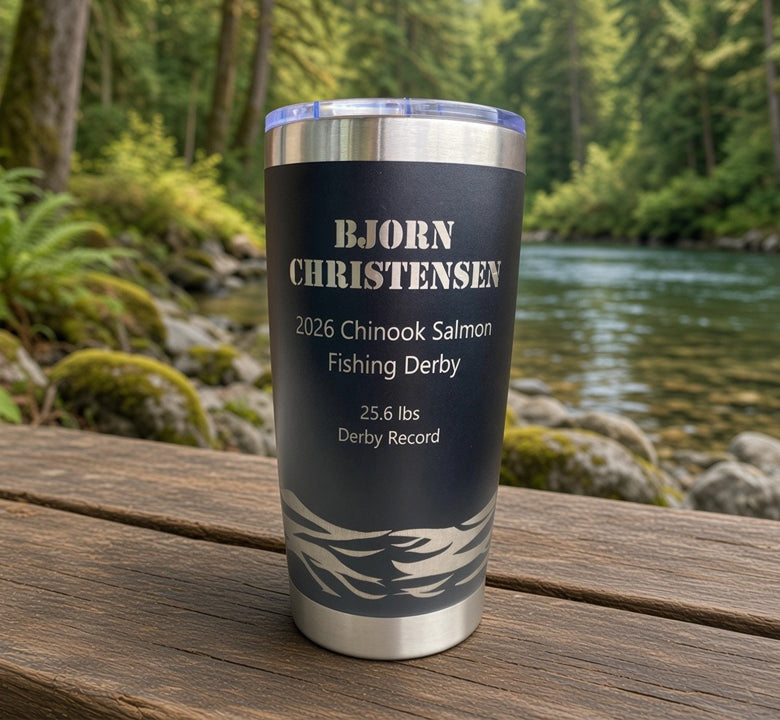 “Leaping Tyee” Chinook Salmon Fishing 20 oz. Tumbler – Customizable, Full Wrap Engraved