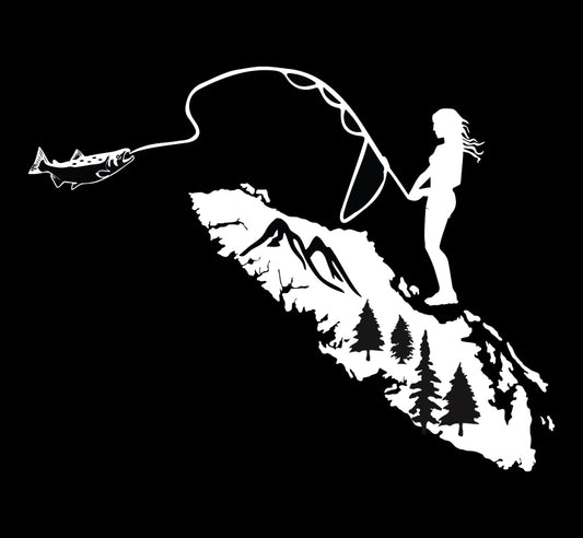 Angler Girl Catching Salmon Island Decal