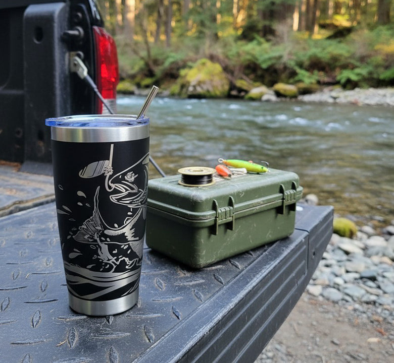“Leaping Tyee” Chinook Salmon Fishing 20 oz. Tumbler – Customizable, Full Wrap Engraved