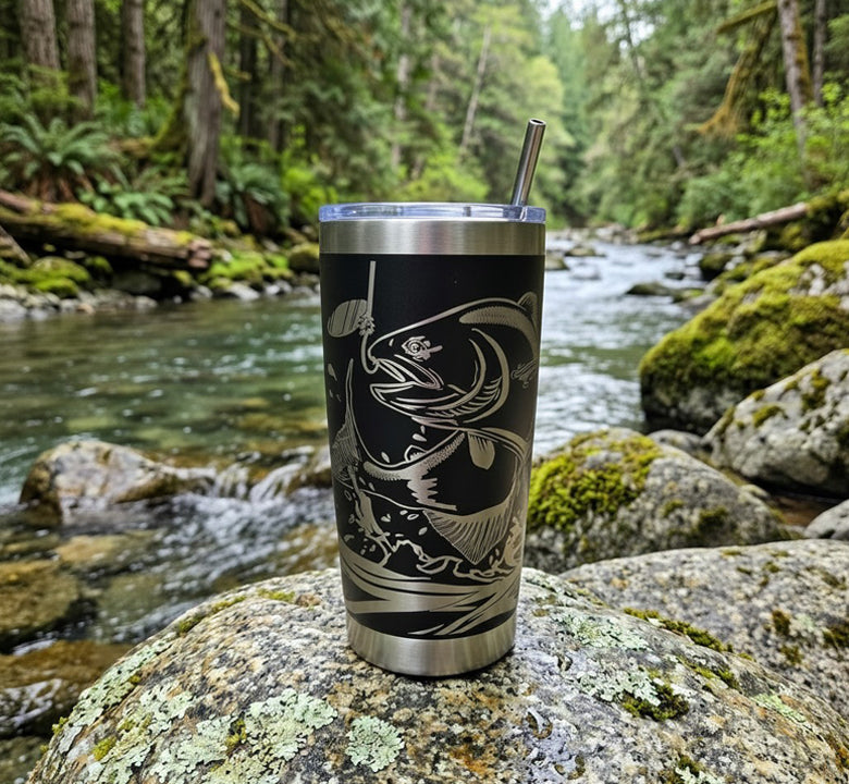 “Leaping Tyee” Chinook Salmon Fishing 20 oz. Tumbler – Customizable, Full Wrap Engraved